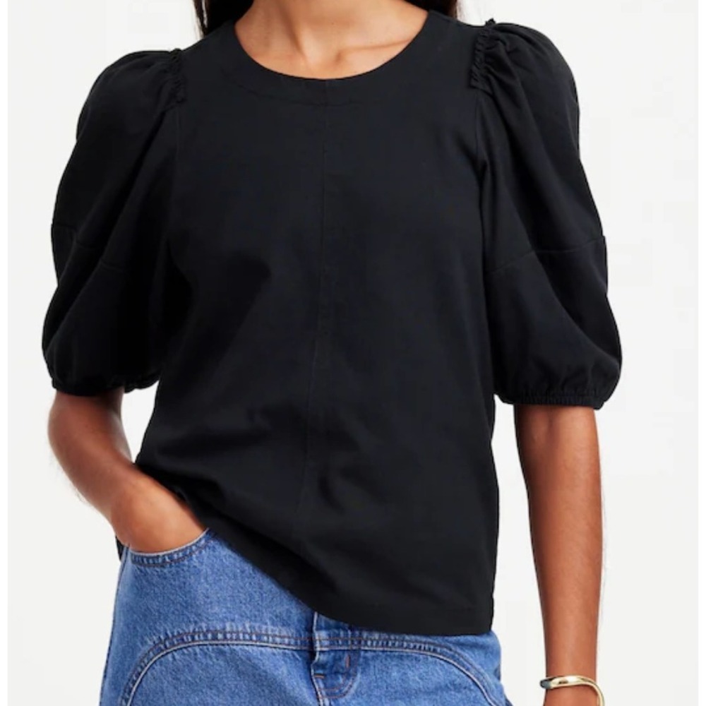 Madewell Puff-Sleeve Tee Women XS Jet Black Cotton Raw-Edge Ruffle Classic Chic